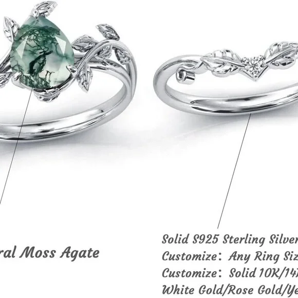 Natural Moss Agate Ring 925 Sterling Silver Moss Agate Engagement Ring Set Promi
